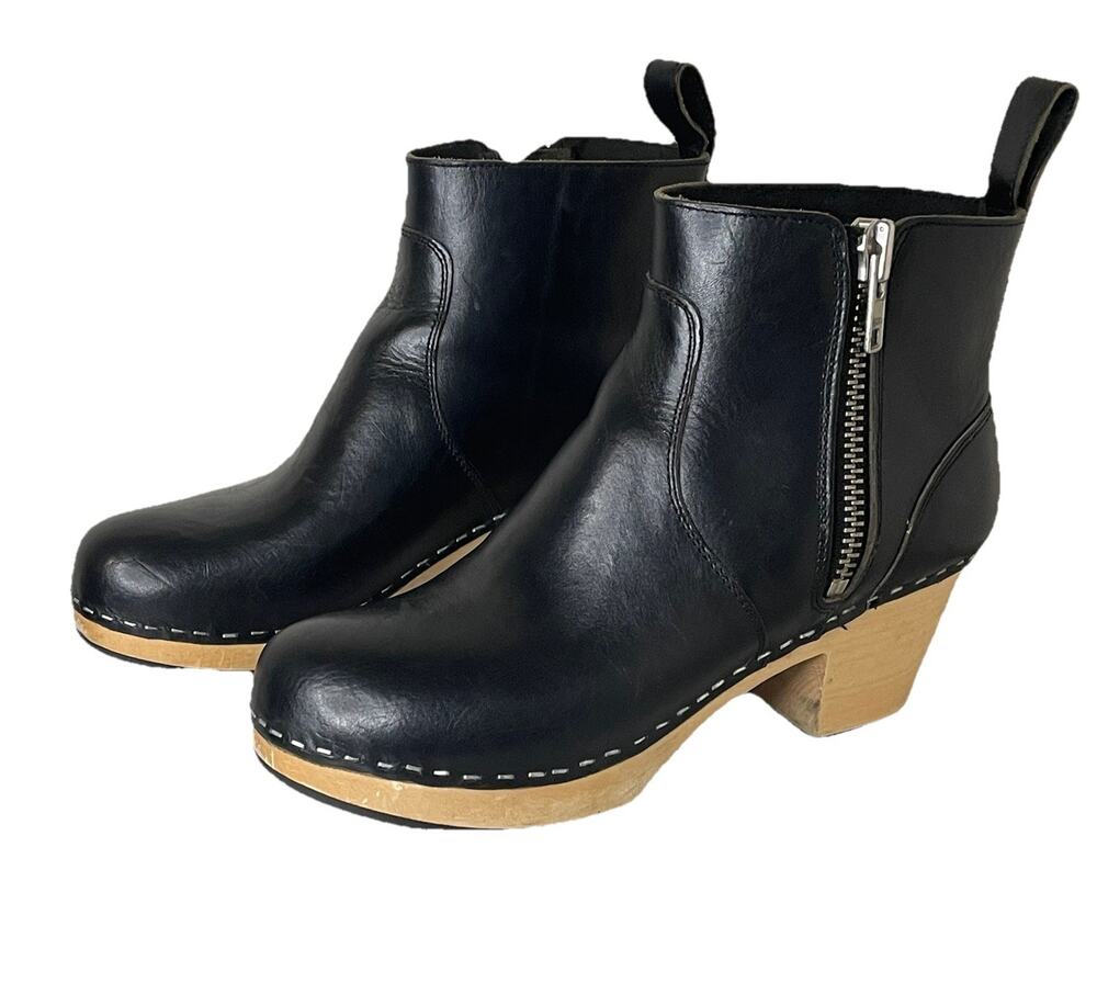 SWEDISH HASBEENS Emy Clog Ankle Boot Black Leather Zip EU 38 / US 8